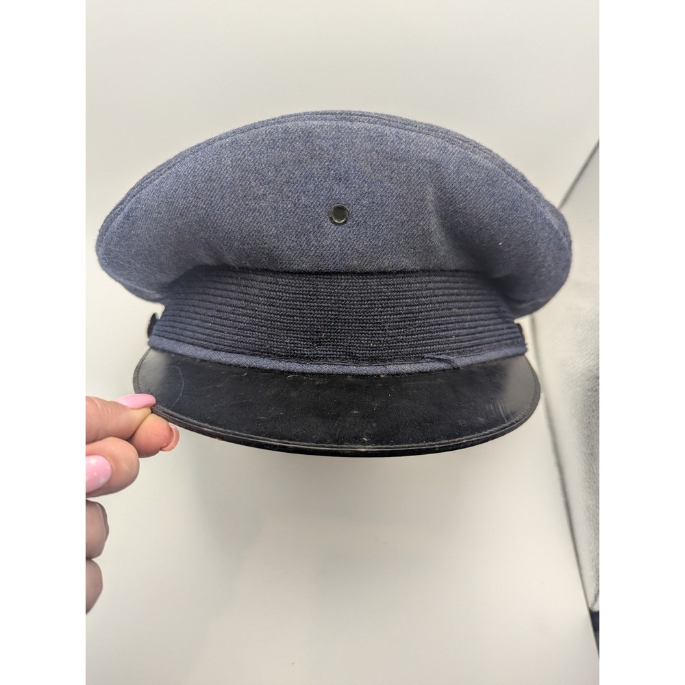 Vintage 50s-60s USAF Military Hat Dark Blue Leather Visor Emblem Button Size 7